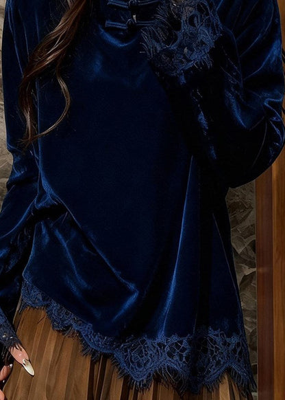 Peacock Blue Mandarin Collar Patchwork Lace Silk Velour Top Spring