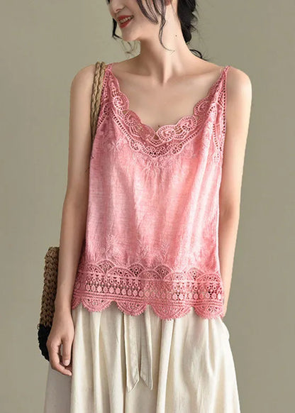 Pink Original Design Embroidered Cotton Spaghetti Strap Tops Summer