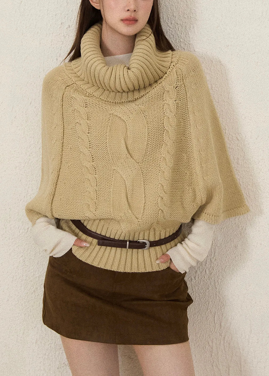 Khaki Turtle Neck Thick Knit Sweaters Batwing Sleeve