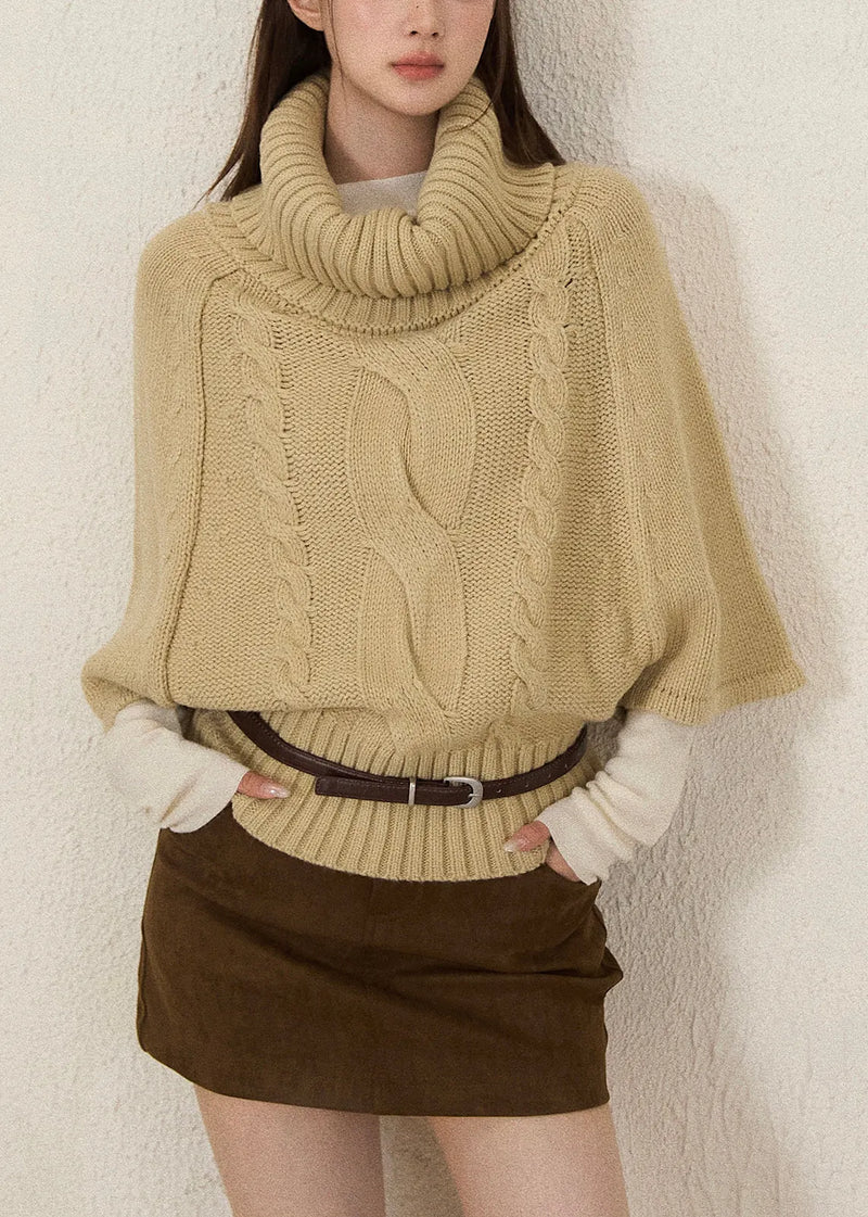 Khaki Turtle Neck Thick Knit Sweaters Batwing Sleeve