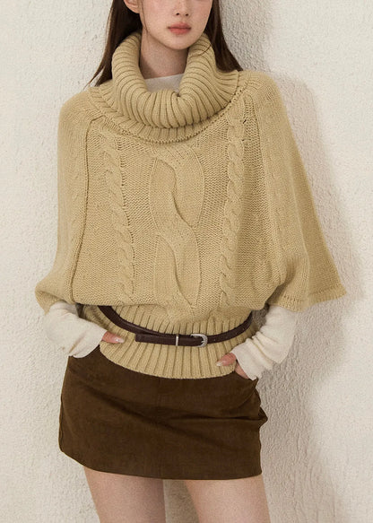 Khaki Turtle Neck Thick Knit Sweaters Batwing Sleeve
