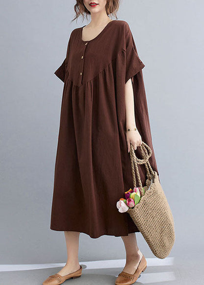 Coffee O Neck Wrinkled Patchwork Cotton Long Dresses Short Sleeve