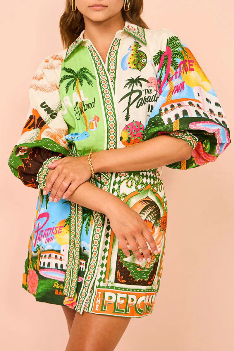 Frenulum Shirt Collar Printed Dresses