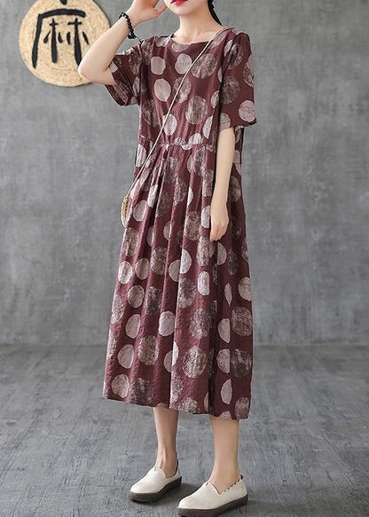 Chocolate Dotted Linen Cotton Clothes O Neck Cinched Robe Dress
