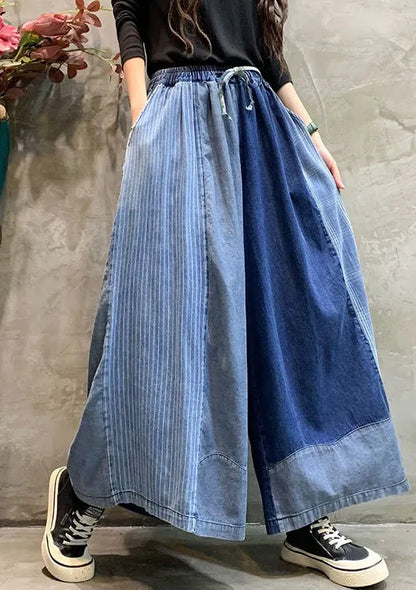 Drawstring Elasticity Plaid Split-joint Ninth Denim Pants