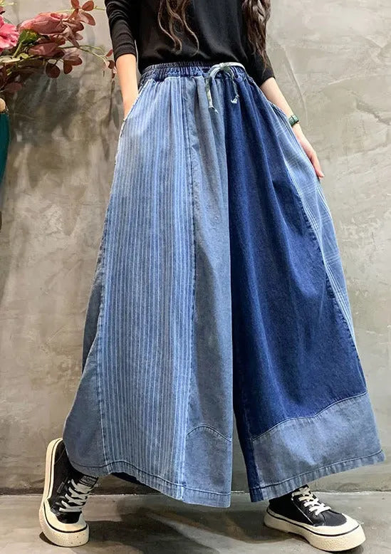 Drawstring Elasticity Plaid Split-joint Ninth Denim Pants