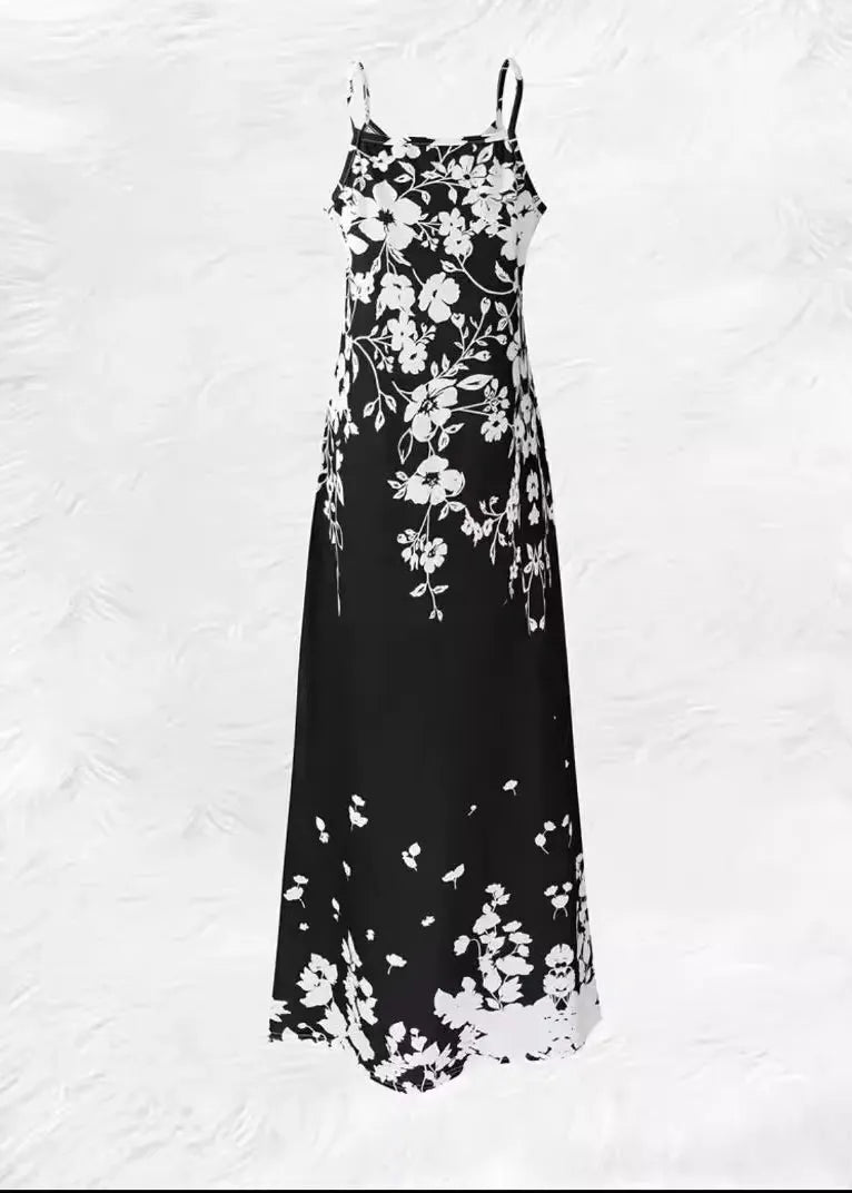 Black Print Cotton Spaghetti Strap Dress Summer