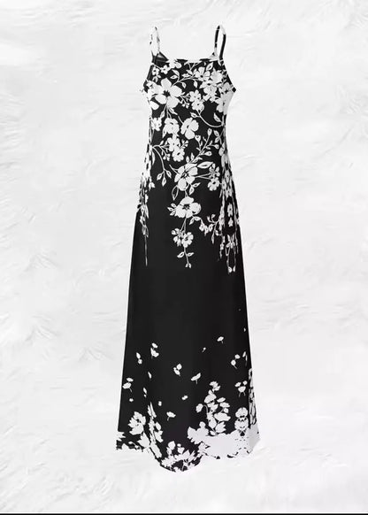 Black Print Cotton Spaghetti Strap Dress Summer