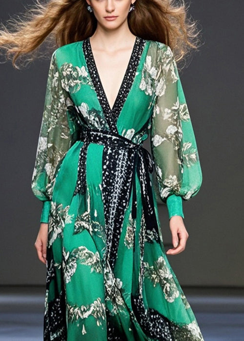 Peacock Green Cinched Print Chiffon Maxi Dresses Fall