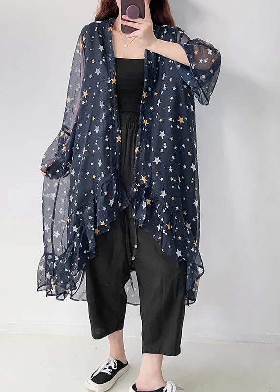 Navy Ruffled Print Chiffon Upf 50+ Cardigan Summer