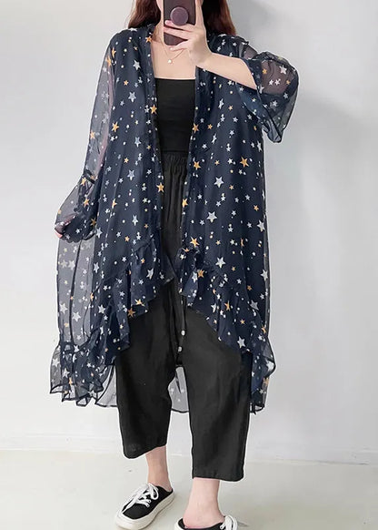 Navy Ruffled Print Chiffon Upf 50+ Cardigan Summer