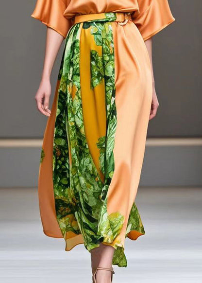 Orange Cinched Patchwork Print Silk Long Dress Summer