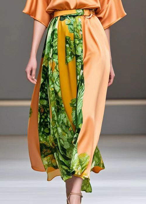 Orange Cinched Patchwork Print Silk Long Dress Summer