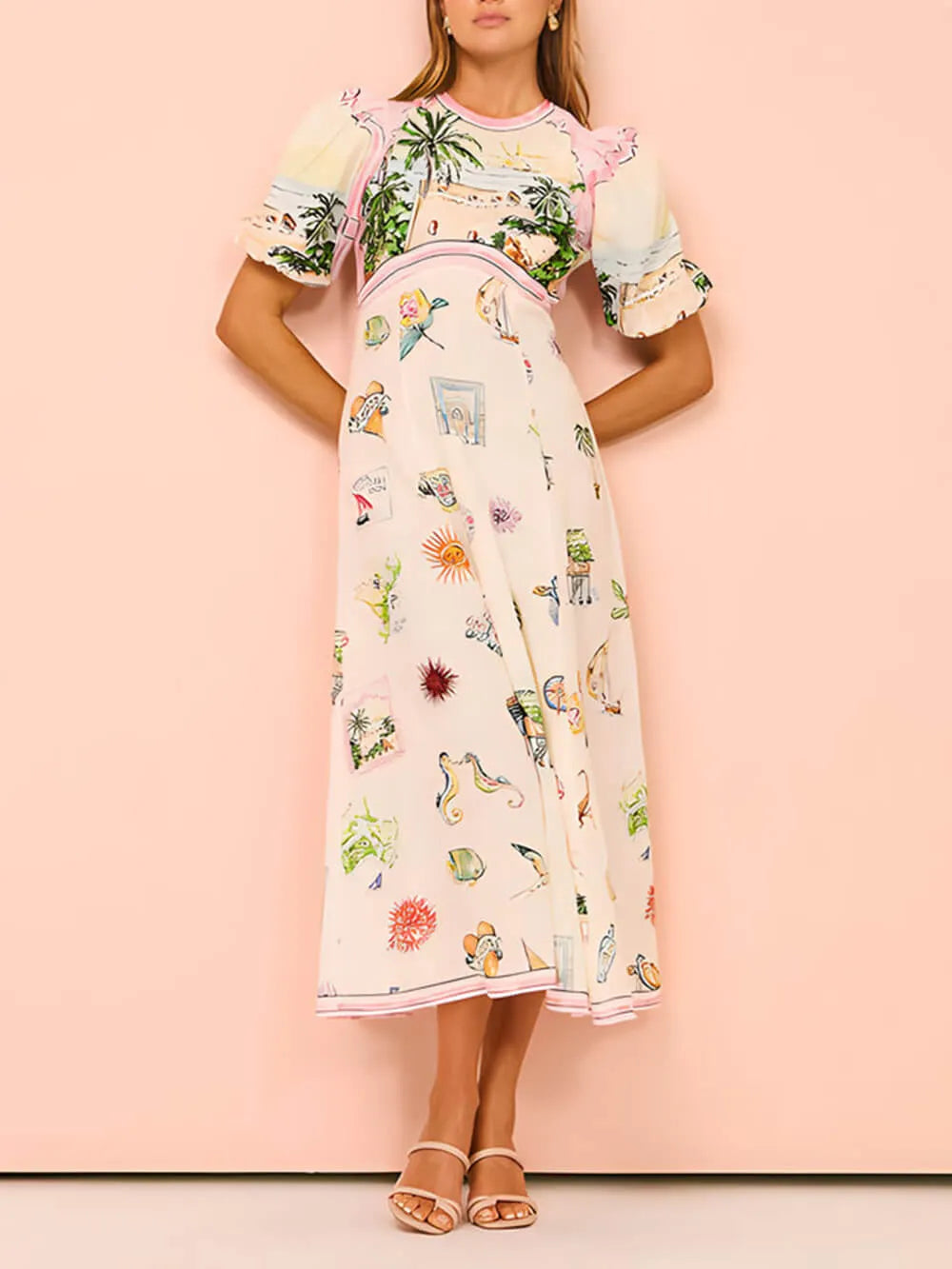 Feature Printed Style Round Neck Midi Dress