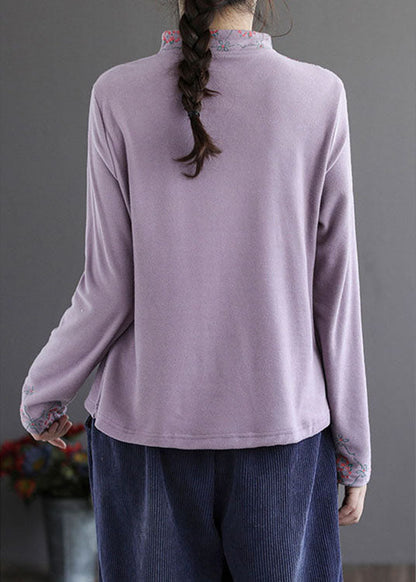 Modern Purple Embroidered Button Fall Cotton Top
