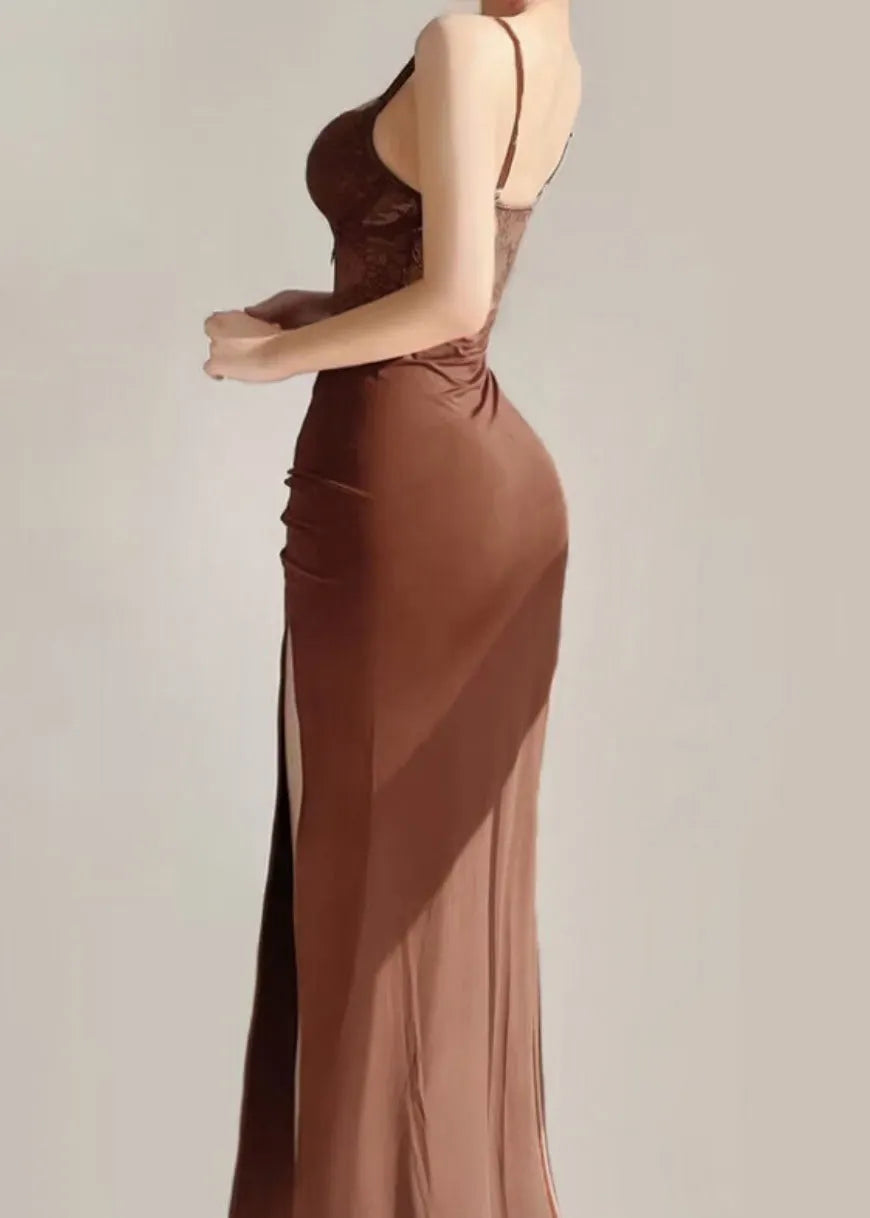 Brown Side Open Maxi Spaghetti Strapdresses Sleeveless