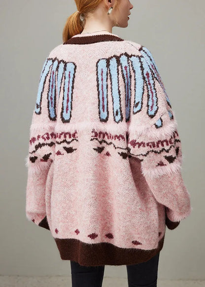 Jacquard Pink O Neck Button Cozy Knit Coat Winter