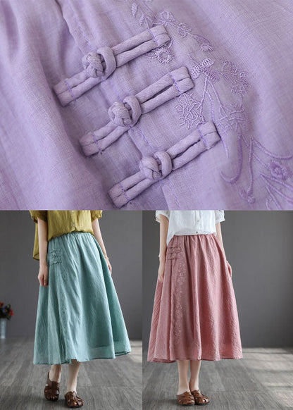 Pink Embroidered Chinese Button Linen Skirts Spring
