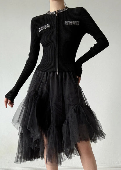 Stylish Black O-neck Zip Up Zircon Wool Cardigans Spring