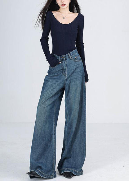 Blue Pockets High Waist Denim Wide Leg Pants Winter