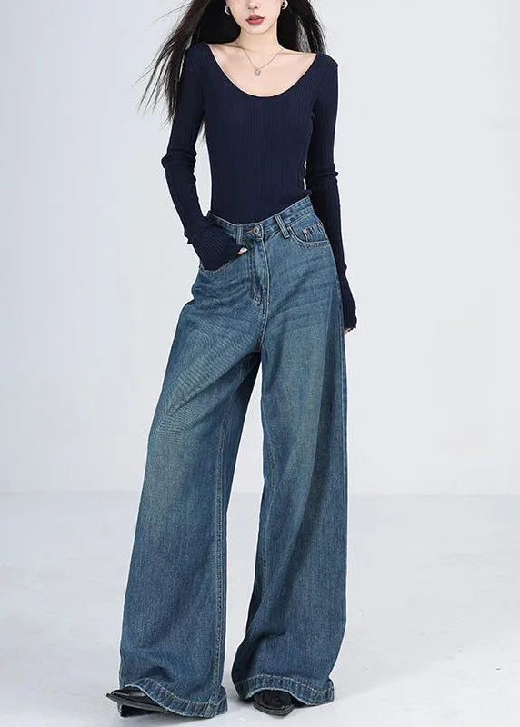 Blue Pockets High Waist Denim Wide Leg Pants Winter