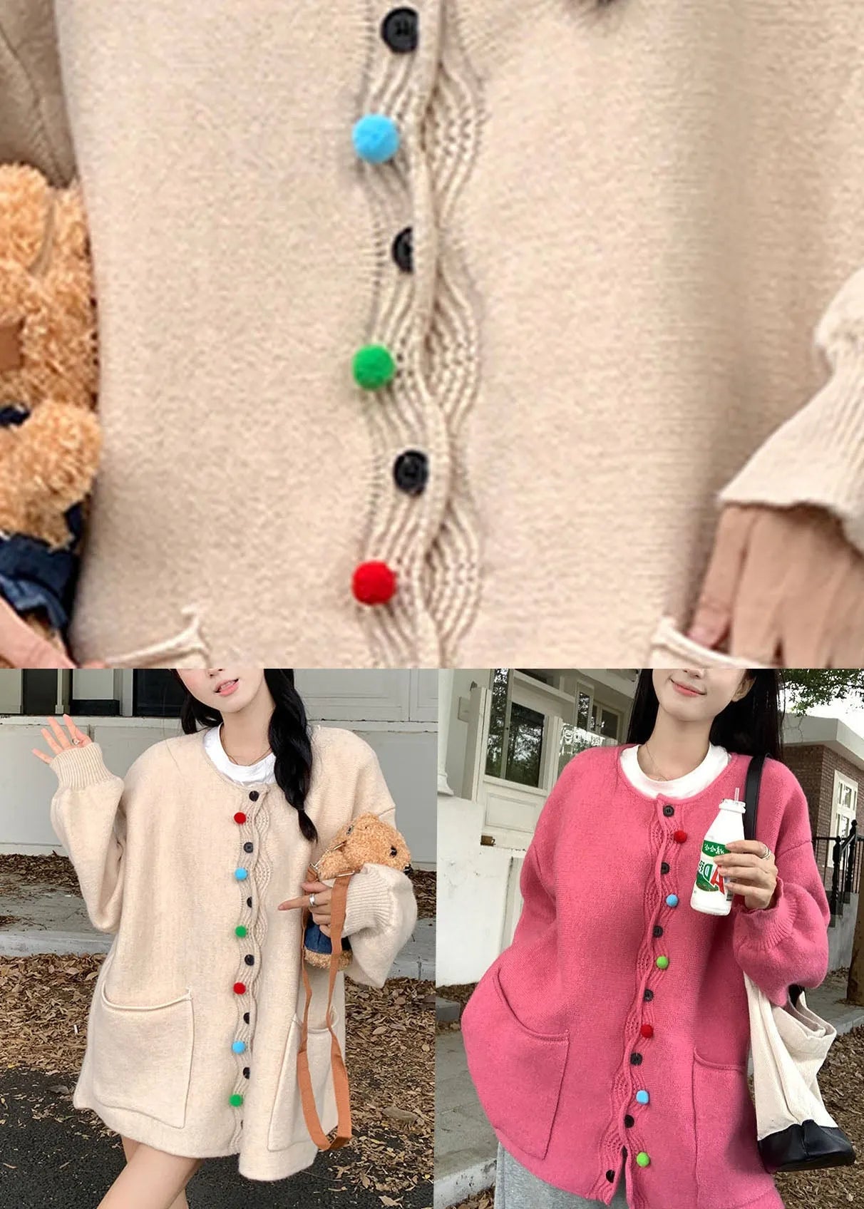 Pink O-neck Button Cotton Knit Sweaters Coats Fall