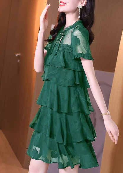 French Green Layered Ruffled Patchwork Chiffon Dresses Summer