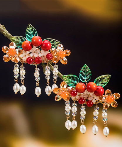 Rainbow Copper Overgild Pearl Hawthorn Leaf Tassel a Pair Hairpin