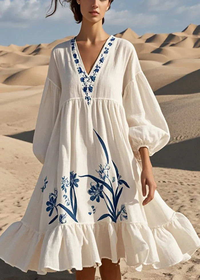 White Oversized Print Cotton Dress Bracelet Sleeve