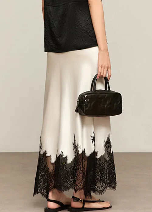 French White Lace High Waist Patchwork Silk Skirts Summer