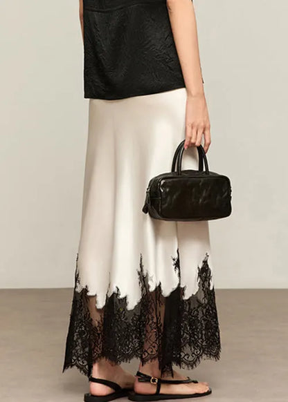French White Lace High Waist Patchwork Silk Skirts Summer