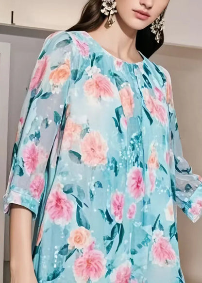 Modern Blue Print Patchwork Chiffon Mini Dress Bracelet Sleeve