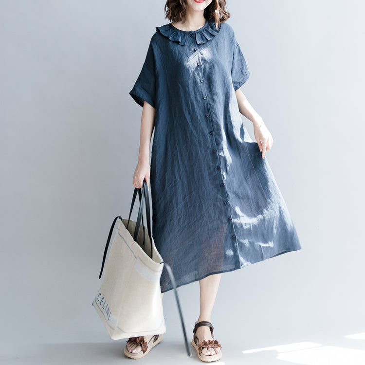 Navy Cotton Linen Dress Dress Fine Short Sleeve Patchwork Peter Pan Collar Pockets Cotton Linen Dresses