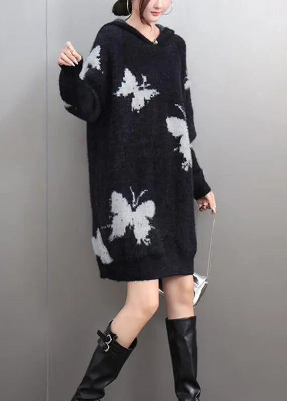 Black V Neck Thick Print Cotton Knit Sweaters Winter