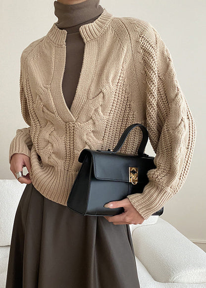 Khaki Cozy Knit Sweaters V Neck Fall