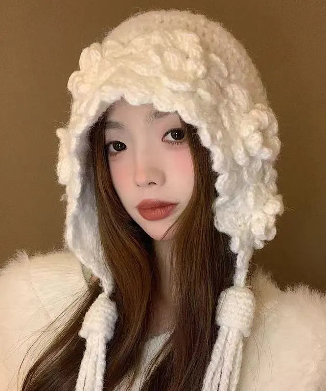 Stylish Handmade White Tassel Knit Bonnie Hat