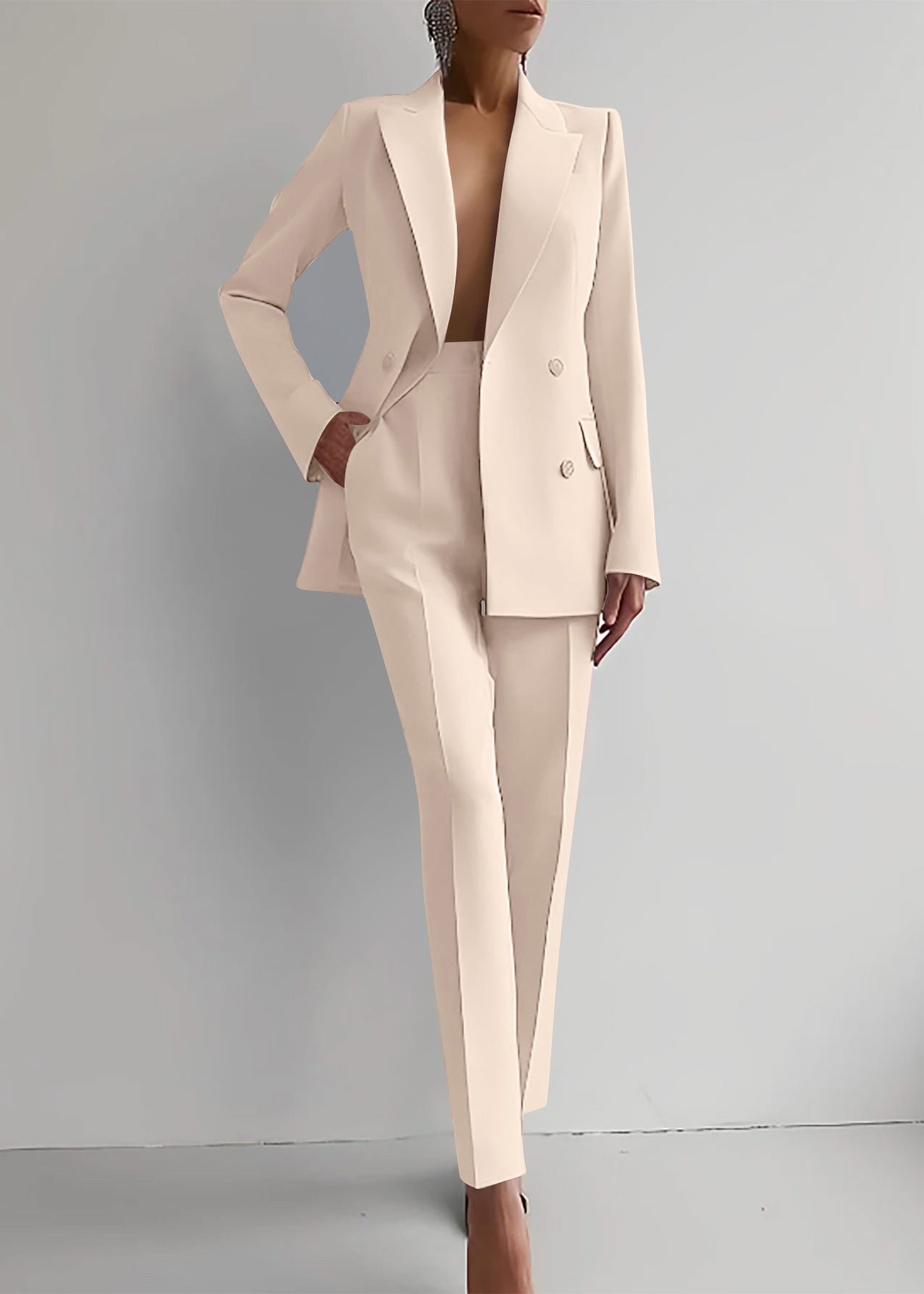 Apricot Peter Pan Collar Suit Coat and Pants Two Pieces Set Fall