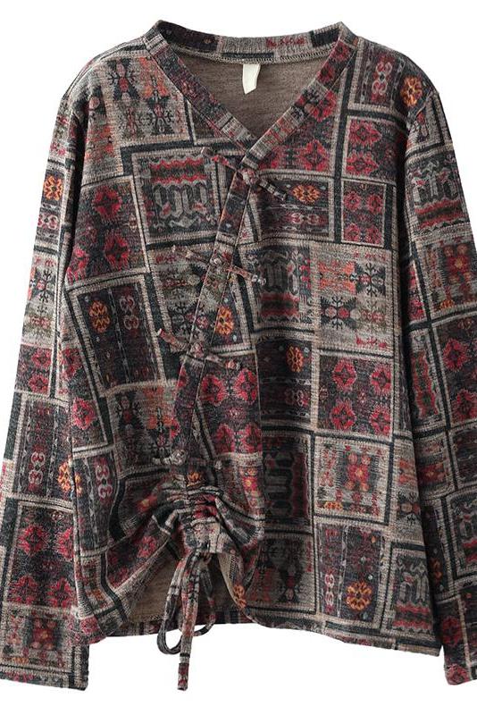 Retro Drawstring Print Cotton Blouse
