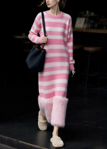 New Pink O Neck Striped Patchwork Knit Long Sweater Dress Spring