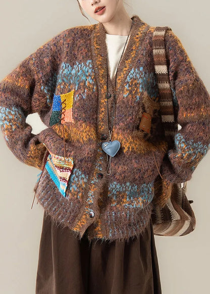 Coffee Striped Button Cozy Patchwork Knit Coat V Neck