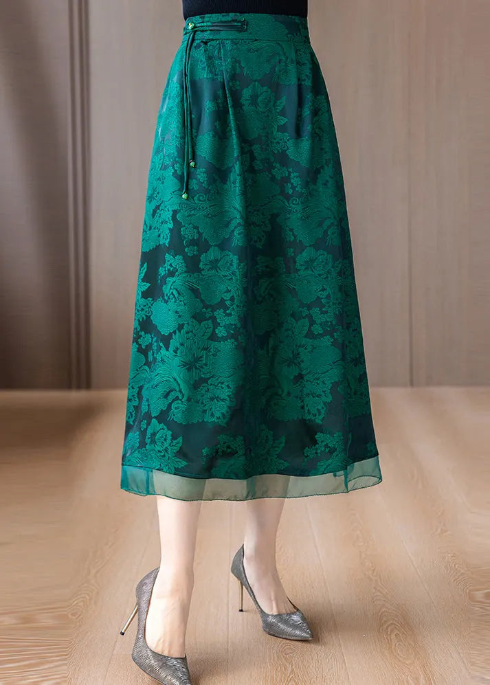 Green Print Silk a Line Skirts Tasseled Summer