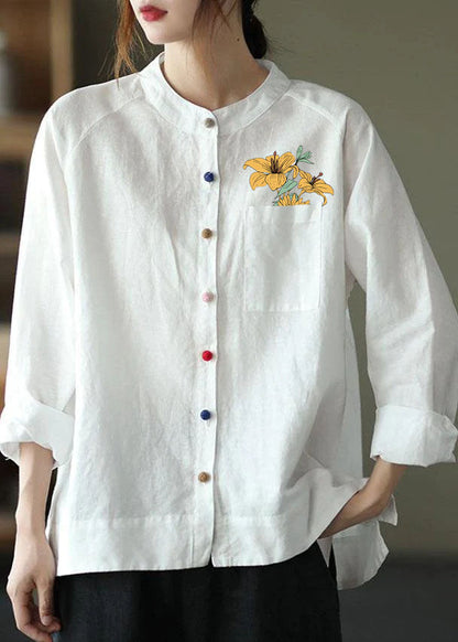 Modern Pink Flower Loose Patchwork Pockets Fall Long Sleeve Blouse Top