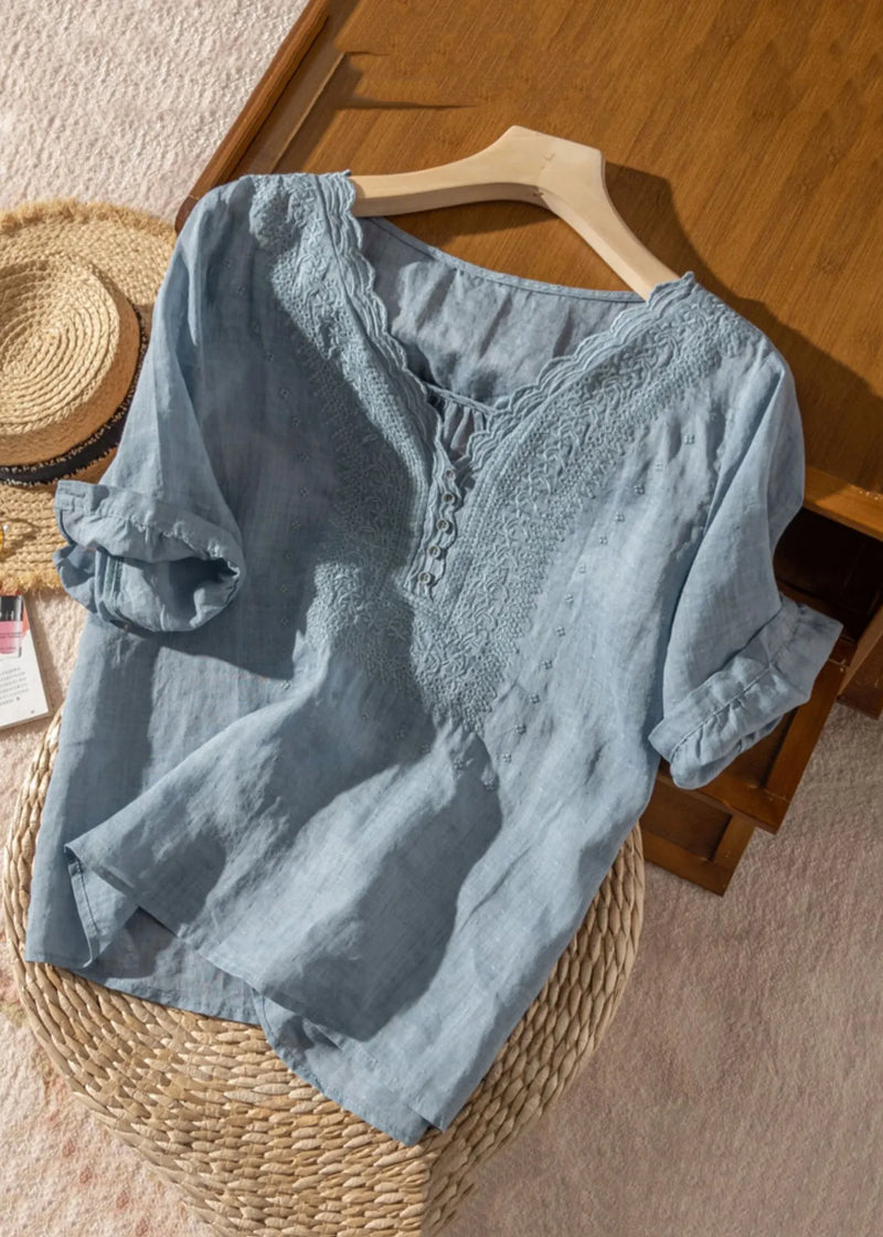 Simple Blue V Neck Linen Shirts Half Sleeve