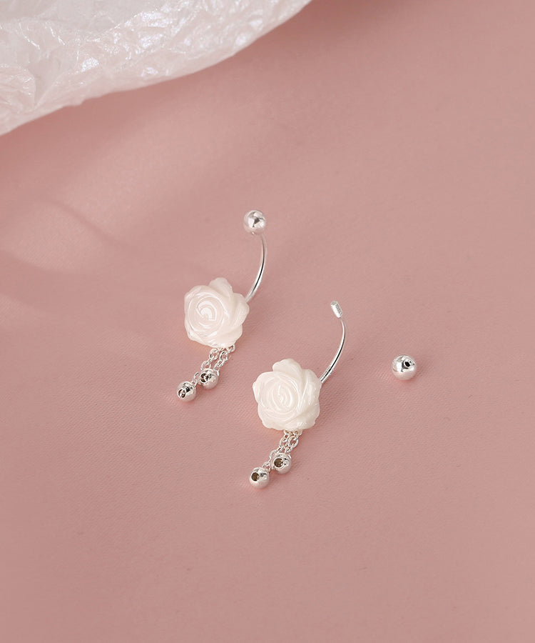 Simple White Sterling Silver Shell Tassel Drop Earrings