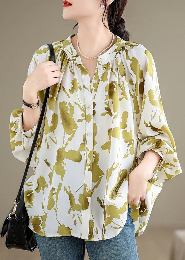 Grass Green Print Chiffon Shirts Oversized Lantern Sleeve