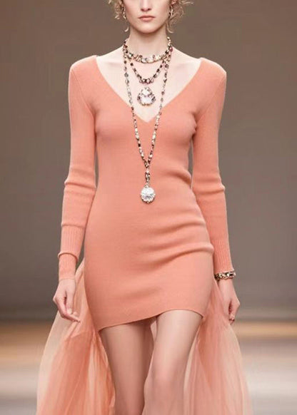 Brick Red V Neck Patchwork Tulle Knitted Dress Fall