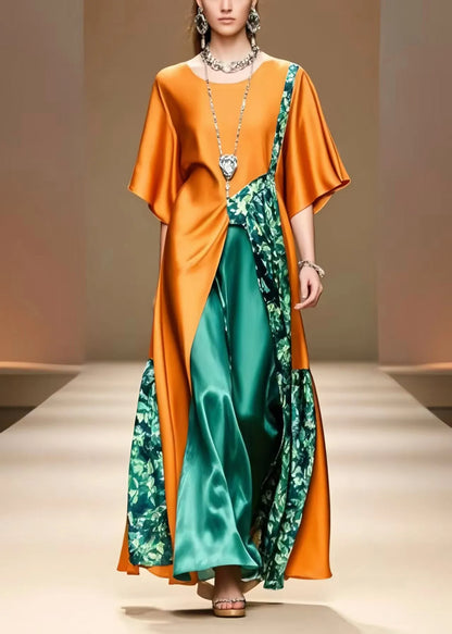 Unique Caramel Asymmetrical Patchwork Silk Long Dress Summer