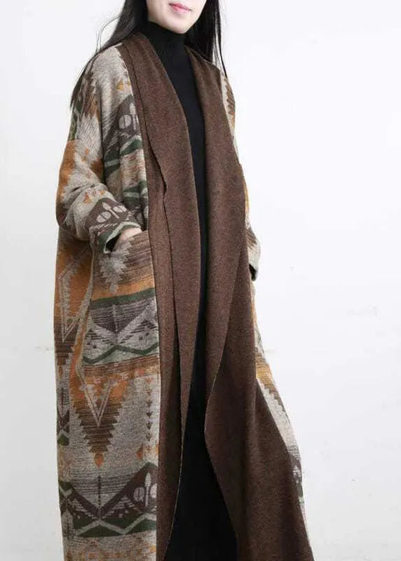 Unique Khaki Oversized Patchwork Print Wool Loose Cardigan Fall