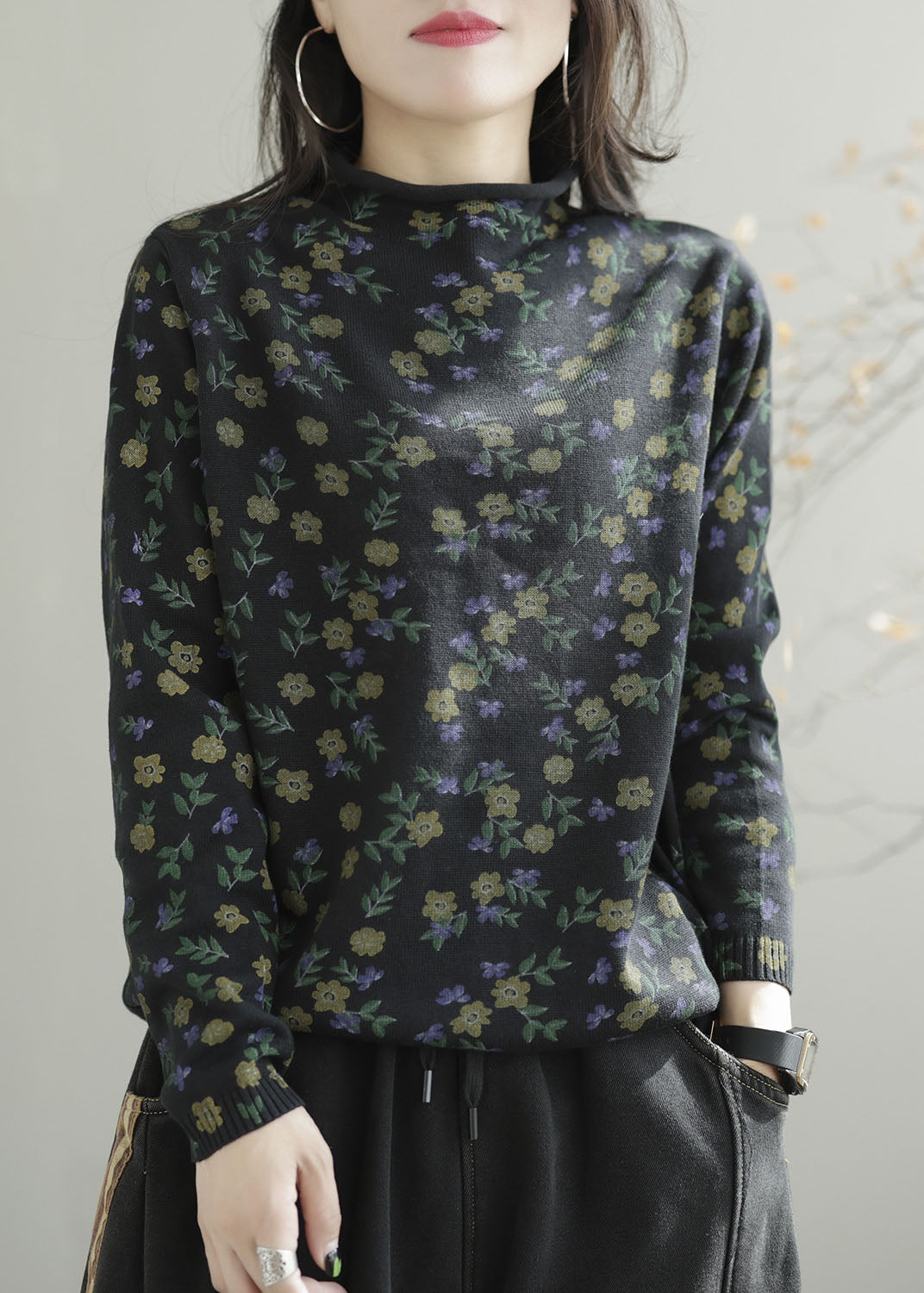 Black High Neck Print Knitted Tops Winter