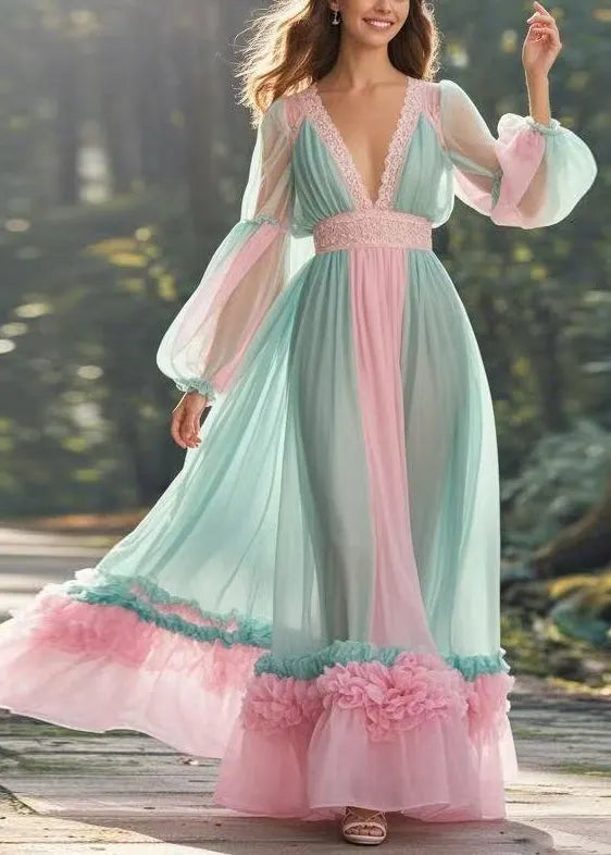 Green V Neck Ruffled Patchwork Chiffon Long Dress Spring